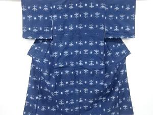 井桁絣に抽象花模様織り出し手織り紬着物